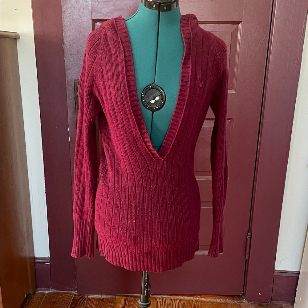 Deep V-Neck Ribbed Sweater - Red